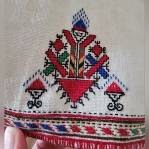 Vintage Handmade Embroidery Set 2 Textile Linen Geometric Napkins Bulgarian Folk